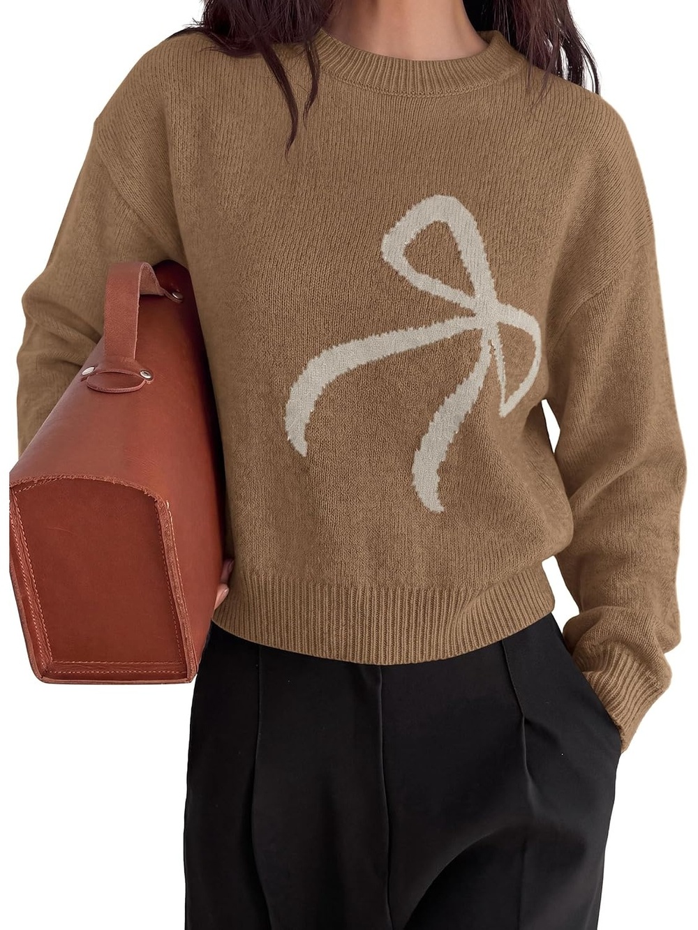 🆕Women's Khaki Crewneck Long Sleeve Bow Knit Cozy Relaxed Pullover Sweater